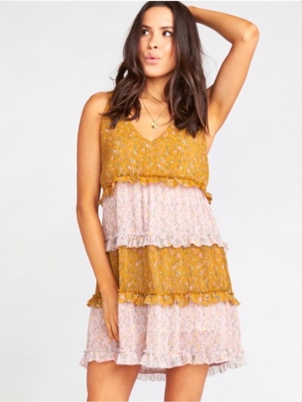 Show Me Your MuMu Mustard and Blush Tiered Mini Dress